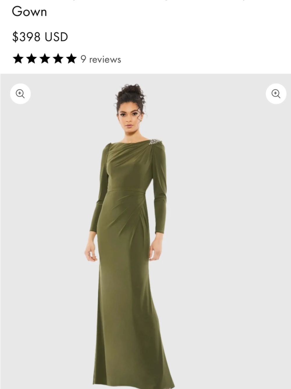Mac Duggal Olive Green Long Sleeve Draped Evening Gown with Brooch